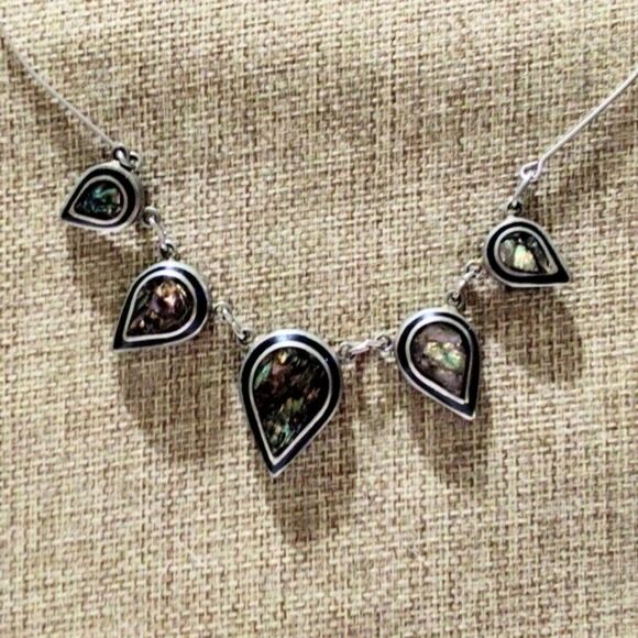 Vintage Artisan Abalone Inlay Silver Tone Teardrop Boho Choker Necklace - Picture 1 of 6